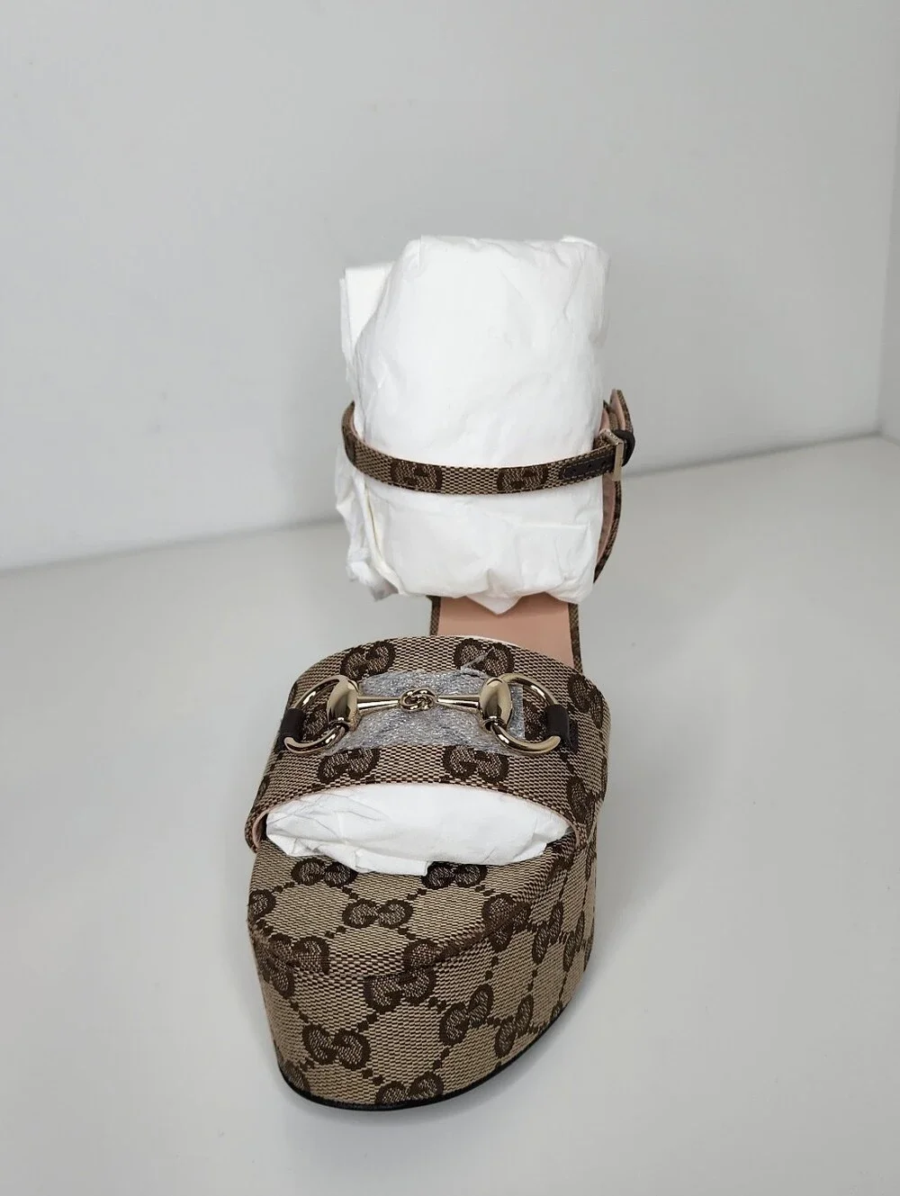 Gucci Lady Horsebit Tan Monogram Platform Wedges Sandals Size 36